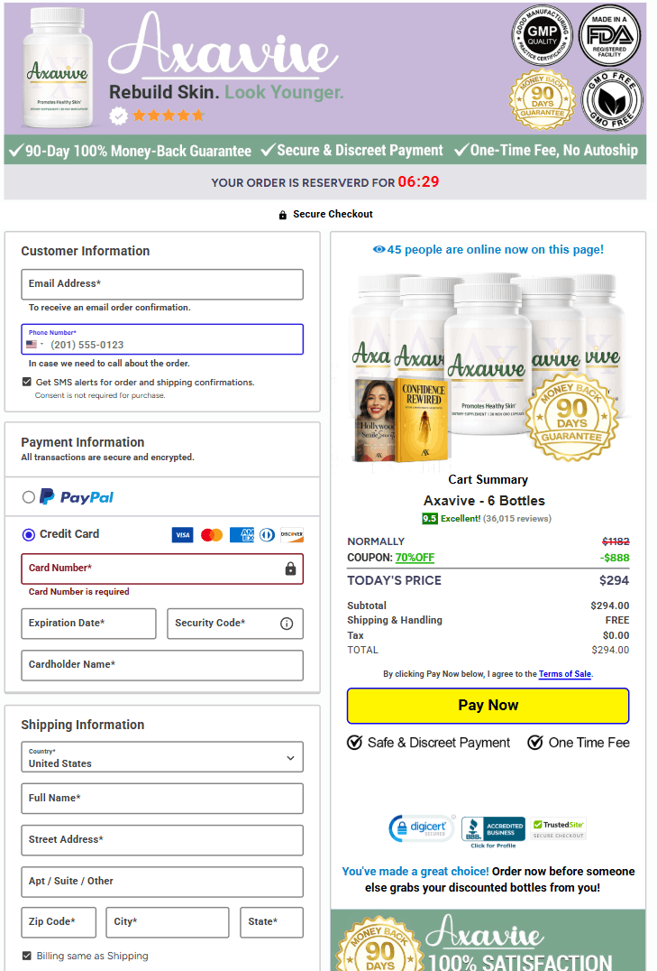 Axavive order page